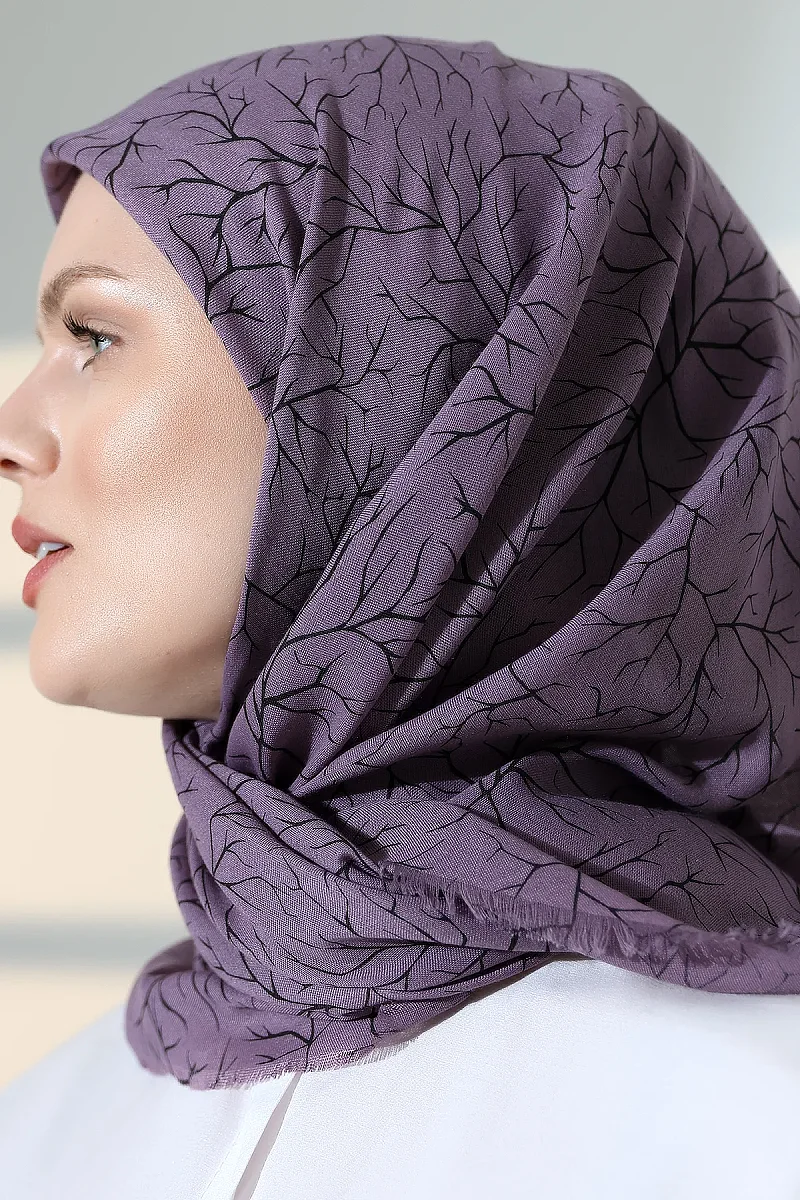Ağaç Desenli Pamuklu Eşarp, Yumuşak Dokulu Flamlı Yazma Başörtüsü - Mor - 7