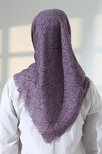 Ağaç Desenli Pamuklu Eşarp, Yumuşak Dokulu Flamlı Yazma Başörtüsü - Mor - 8