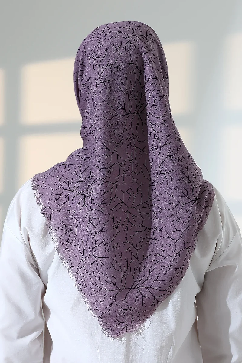Ağaç Desenli Pamuklu Eşarp, Yumuşak Dokulu Flamlı Yazma Başörtüsü - Mor - 8