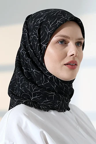Ağaç Desenli Pamuklu Eşarp, Yumuşak Dokulu Flamlı Yazma Başörtüsü - Siyah 
