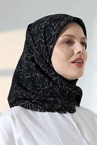 Ağaç Desenli Pamuklu Eşarp, Yumuşak Dokulu Flamlı Yazma Başörtüsü - Siyah - 3