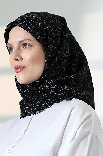 Ağaç Desenli Pamuklu Eşarp, Yumuşak Dokulu Flamlı Yazma Başörtüsü - Siyah - 5
