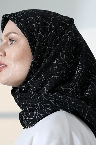 Ağaç Desenli Pamuklu Eşarp, Yumuşak Dokulu Flamlı Yazma Başörtüsü - Siyah - 7