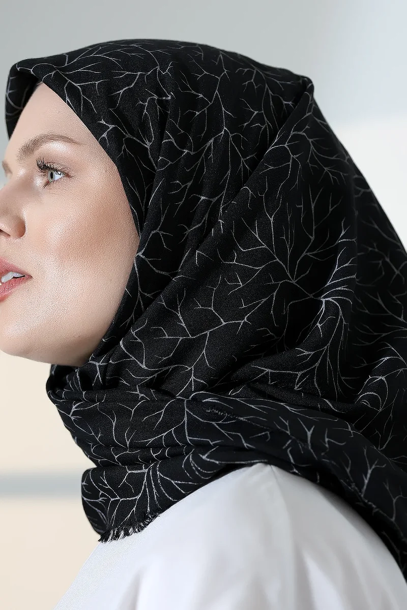 Ağaç Desenli Pamuklu Eşarp, Yumuşak Dokulu Flamlı Yazma Başörtüsü - Siyah - 7