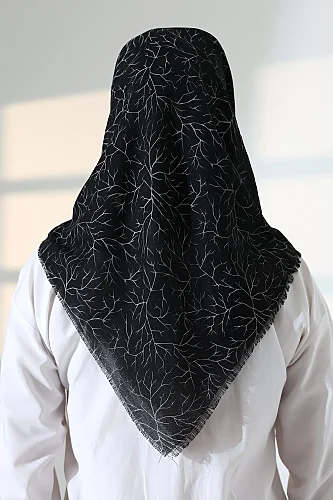 Ağaç Desenli Pamuklu Eşarp, Yumuşak Dokulu Flamlı Yazma Başörtüsü - Siyah - 8