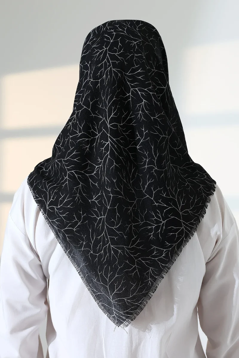 Ağaç Desenli Pamuklu Eşarp, Yumuşak Dokulu Flamlı Yazma Başörtüsü - Siyah - 8