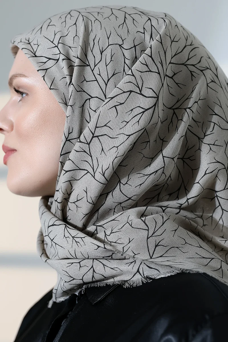 Ağaç Desenli Pamuklu Eşarp, Yumuşak Dokulu Flamlı Yazma Başörtüsü - Vizon - 7