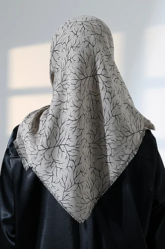 Ağaç Desenli Pamuklu Eşarp, Yumuşak Dokulu Flamlı Yazma Başörtüsü - Vizon - 8