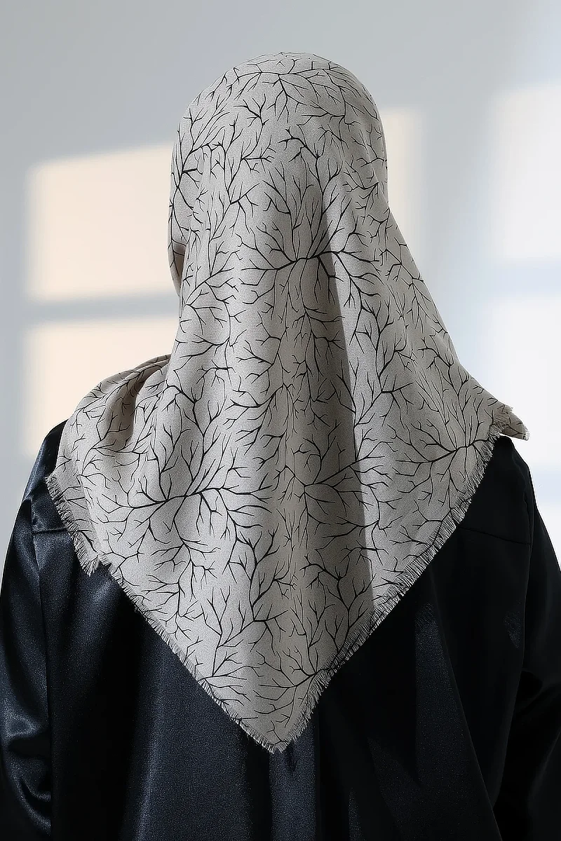 Ağaç Desenli Pamuklu Eşarp, Yumuşak Dokulu Flamlı Yazma Başörtüsü - Vizon - 8
