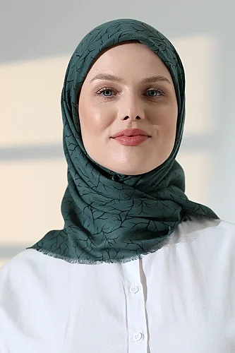 Ağaç Desenli Pamuklu Eşarp, Yumuşak Dokulu Flamlı Yazma Başörtüsü - Yeşil - ihvanonline (1)