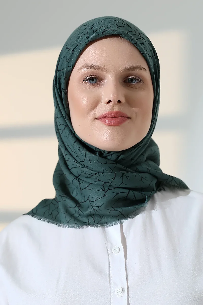 Ağaç Desenli Pamuklu Eşarp, Yumuşak Dokulu Flamlı Yazma Başörtüsü - Yeşil - 2