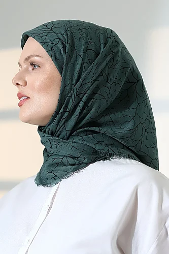 Ağaç Desenli Pamuklu Eşarp, Yumuşak Dokulu Flamlı Yazma Başörtüsü - Yeşil - 4