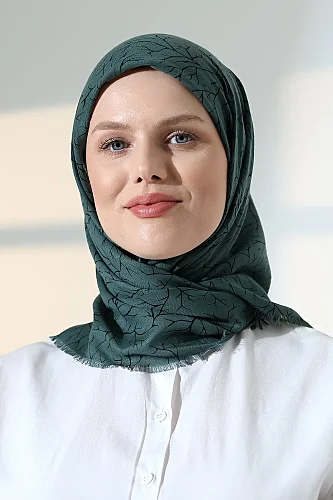 Ağaç Desenli Pamuklu Eşarp, Yumuşak Dokulu Flamlı Yazma Başörtüsü - Yeşil - 5