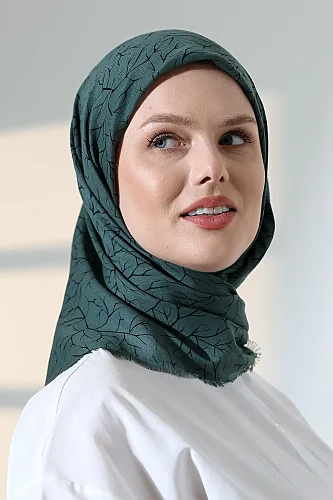Ağaç Desenli Pamuklu Eşarp, Yumuşak Dokulu Flamlı Yazma Başörtüsü - Yeşil - 6