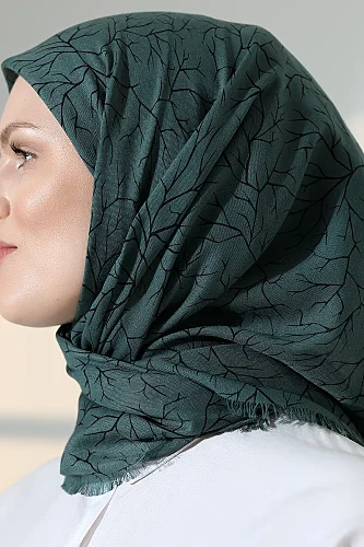 Ağaç Desenli Pamuklu Eşarp, Yumuşak Dokulu Flamlı Yazma Başörtüsü - Yeşil - 7