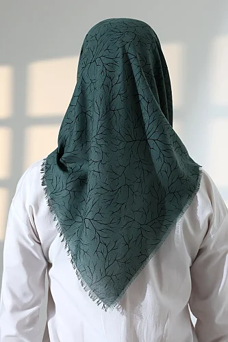 Ağaç Desenli Pamuklu Eşarp, Yumuşak Dokulu Flamlı Yazma Başörtüsü - Yeşil - 8