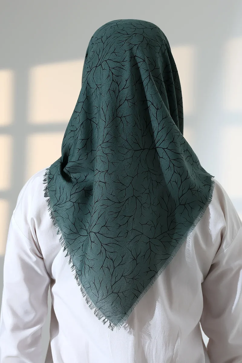 Ağaç Desenli Pamuklu Eşarp, Yumuşak Dokulu Flamlı Yazma Başörtüsü - Yeşil - 8