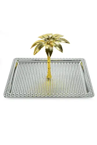 Ağaç Kulplu Dikdörtgen Hurmalık Sunum ve Servis İkram Tepsisi - Büyük Boy - Gümüş - 2