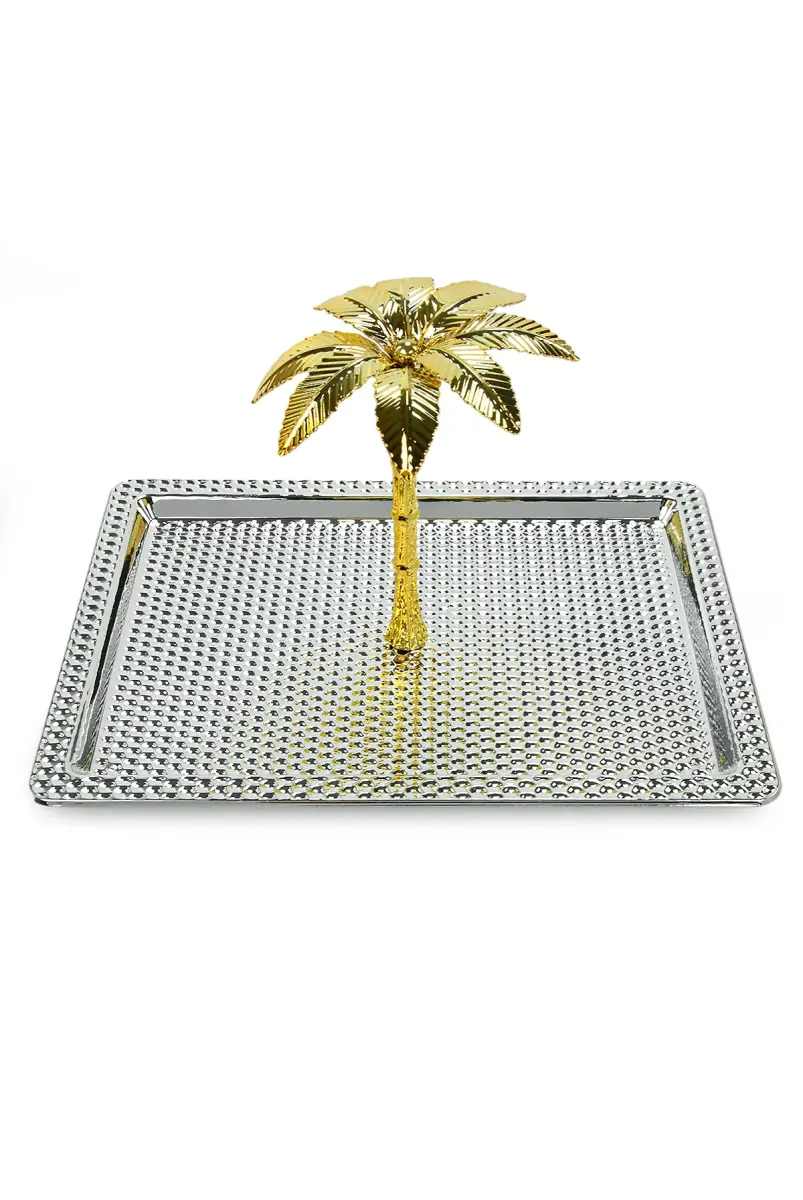 Ağaç Kulplu Dikdörtgen Hurmalık Sunum ve Servis İkram Tepsisi - Büyük Boy - Gümüş - 2