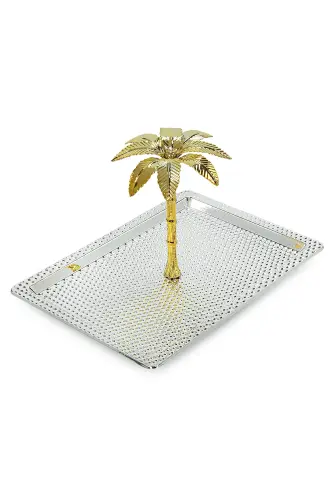 Ağaç Kulplu Dikdörtgen Hurmalık Sunum ve Servis İkram Tepsisi - Büyük Boy - Gümüş - 4