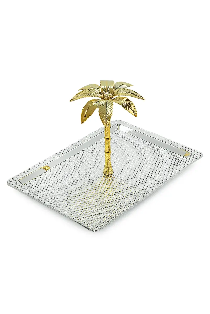 Ağaç Kulplu Dikdörtgen Hurmalık Sunum ve Servis İkram Tepsisi - Büyük Boy - Gümüş - 4