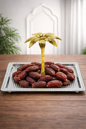 Ağaç Kulplu Yuvarlak Hurmalık Sunum ve Servis İkram Tepsisi - Küçük Boy - Gümüş - 1