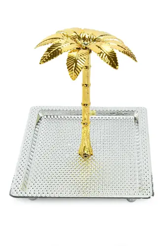 Ağaç Kulplu Yuvarlak Hurmalık Sunum ve Servis İkram Tepsisi - Küçük Boy - Gümüş - 4