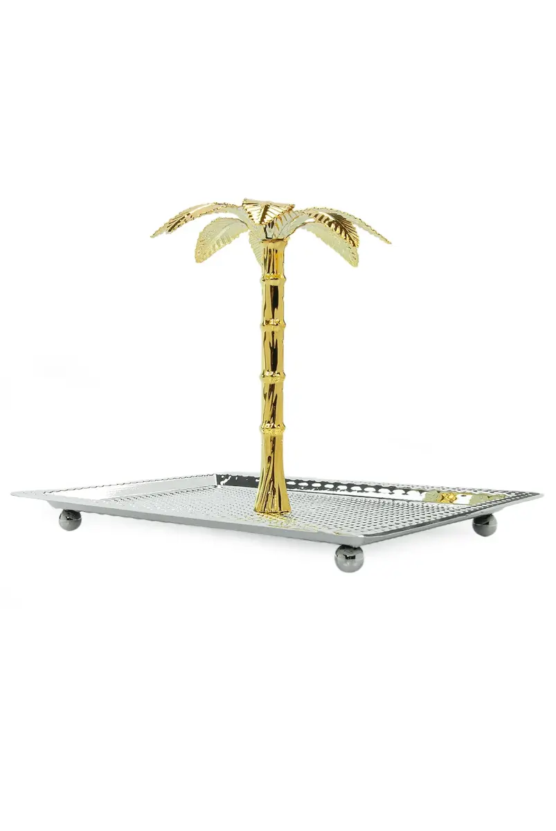 Ağaç Kulplu Yuvarlak Hurmalık Sunum ve Servis İkram Tepsisi - Küçük Boy - Gümüş - 5