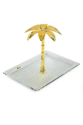 Ağaç Kulplu Dikdörtgen Hurmalık Sunum ve Servis İkram Tepsisi - Küçük Boy - Gümüş - 3