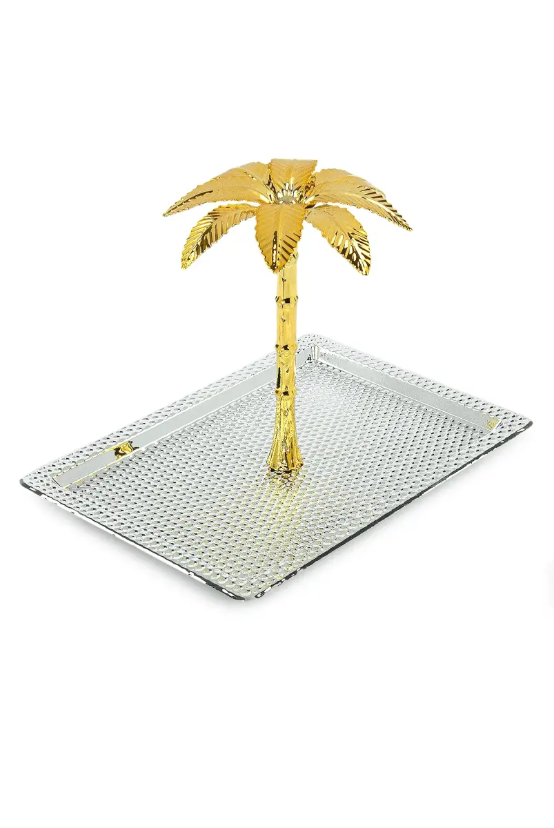 Ağaç Kulplu Dikdörtgen Hurmalık Sunum ve Servis İkram Tepsisi - Küçük Boy - Gümüş - 3