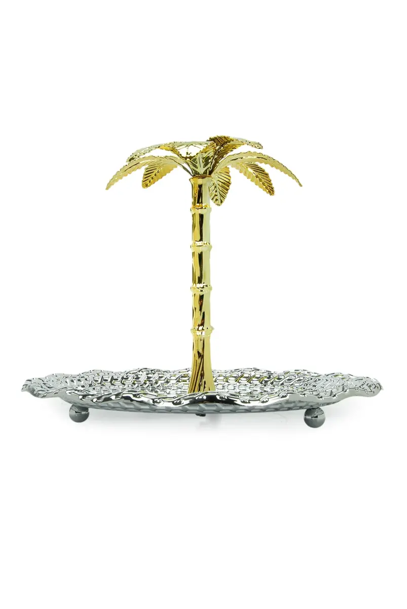 Ağaç Kulplu Oval Hurmalık Sunum ve Servis İkram Tepsisi - Büyük Boy - Gümüş - 4