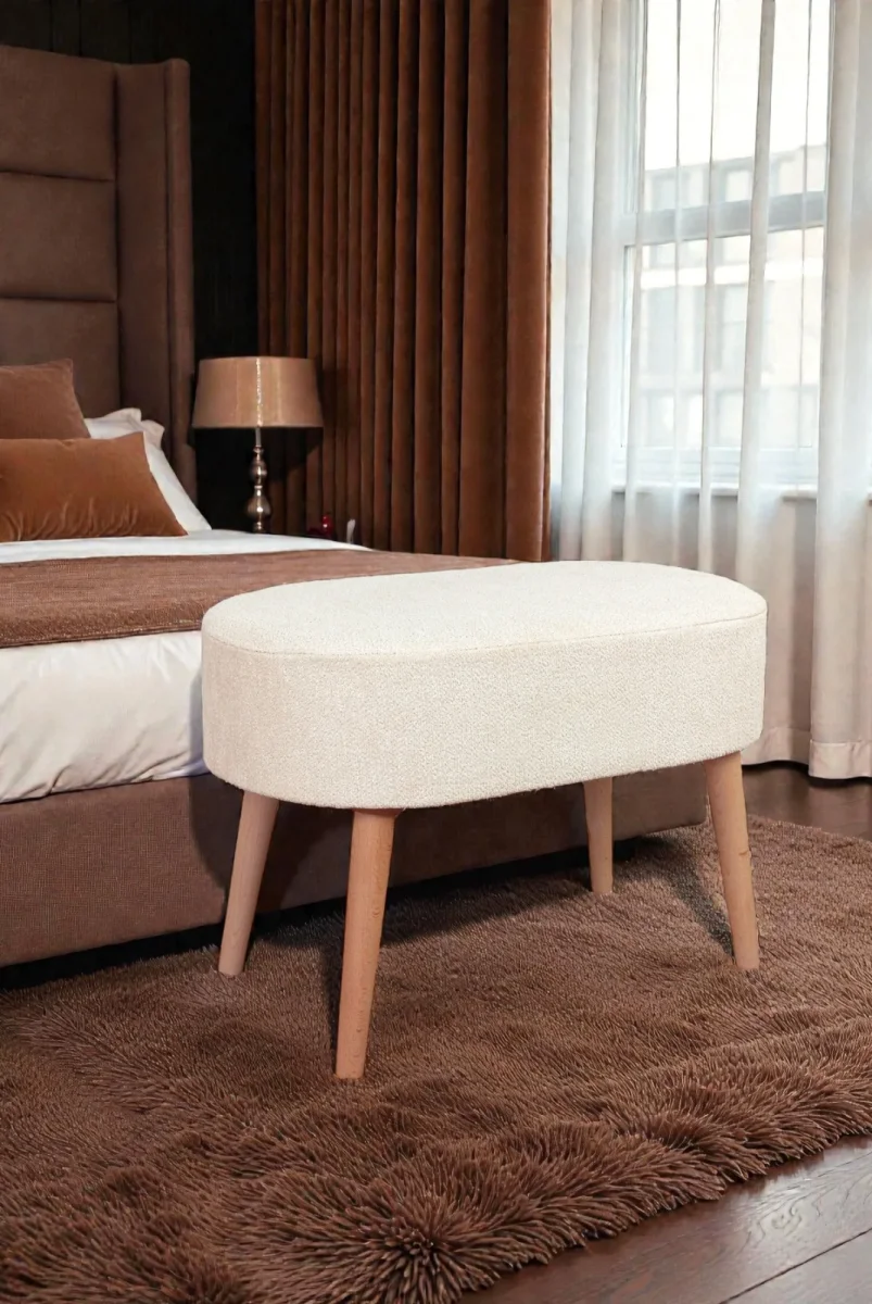 Ahşap Ayaklı Oval Puf Bench Geniş Oturum Alanlı Puf Sandalye - Krem - (60x40 cm) - 1