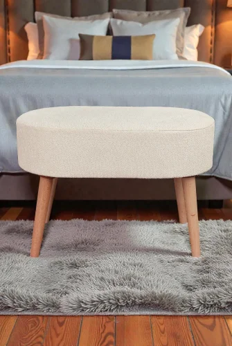 Ahşap Ayaklı Oval Puf Bench Geniş Oturum Alanlı Puf Sandalye - Krem - (60x40 cm) - ihvanonline (1)