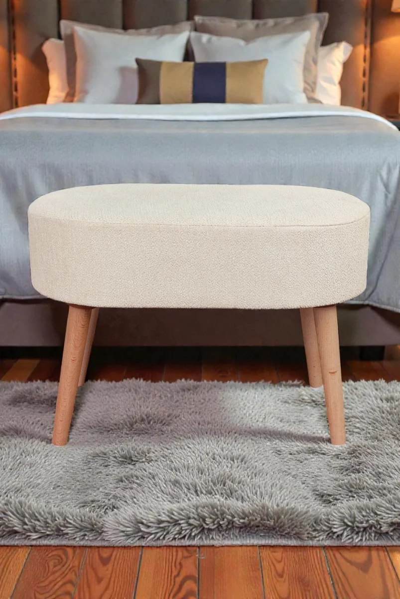 Ahşap Ayaklı Oval Puf Bench Geniş Oturum Alanlı Puf Sandalye - Krem - (60x40 cm) - 2