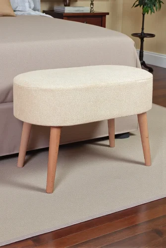 Ahşap Ayaklı Oval Puf Bench Geniş Oturum Alanlı Puf Sandalye - Krem - (60x40 cm) - 3