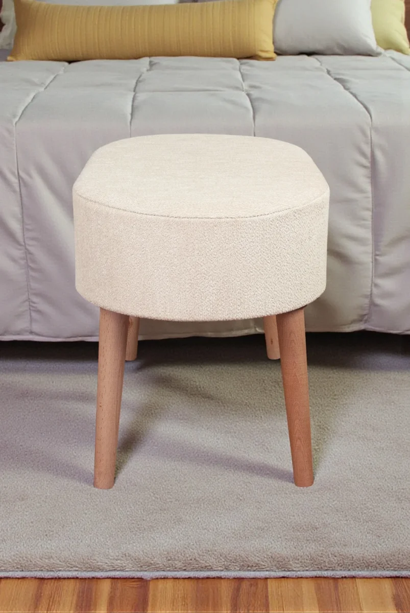 Ahşap Ayaklı Oval Puf Bench Geniş Oturum Alanlı Puf Sandalye - Krem - (60x40 cm) - 4