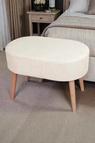 Ahşap Ayaklı Oval Puf Bench Geniş Oturum Alanlı Puf Sandalye - Krem - (60x40 cm) - 5