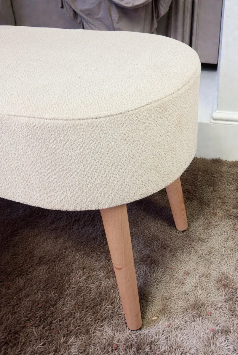 Ahşap Ayaklı Oval Puf Bench Geniş Oturum Alanlı Puf Sandalye - Krem - (60x40 cm) - 6