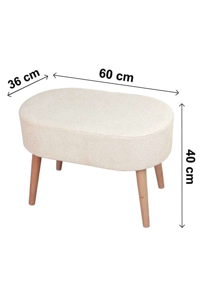 Ahşap Ayaklı Oval Puf Bench Geniş Oturum Alanlı Puf Sandalye - Krem - (60x40 cm) - 7