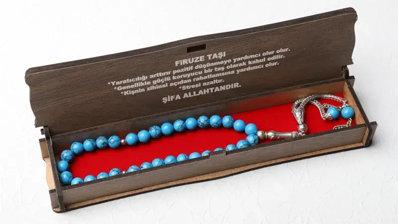 Ahşap Kutulu Firuze Taşı Mavi Tesbih - 2