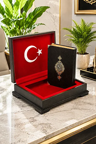Ahşap Kutulu Türk Bayrağı Desenli Hediye Hafız Boy Kuran Seti Dini Hediyelik - 1