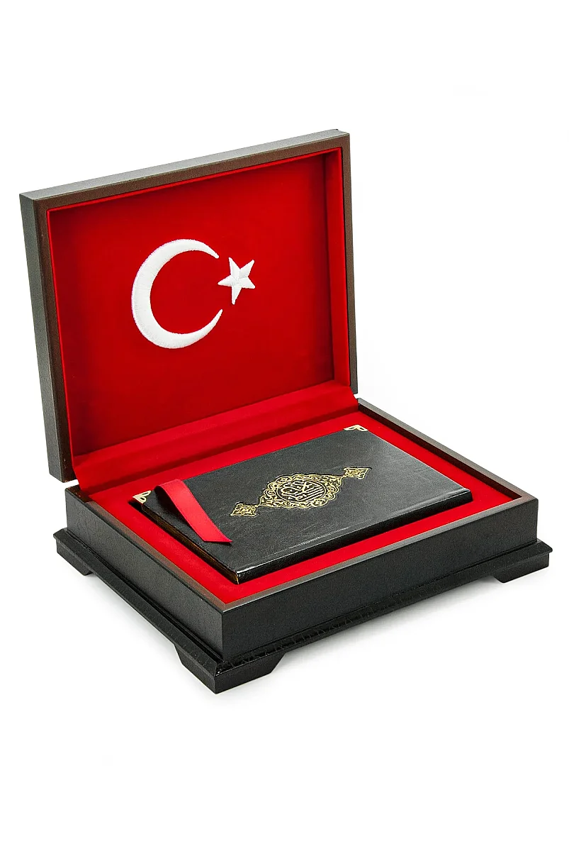 Ahşap Kutulu Türk Bayraklı Orta Boy Kuranı Kerim Özel Kadife Sandıklı Hediyelik Set - 4