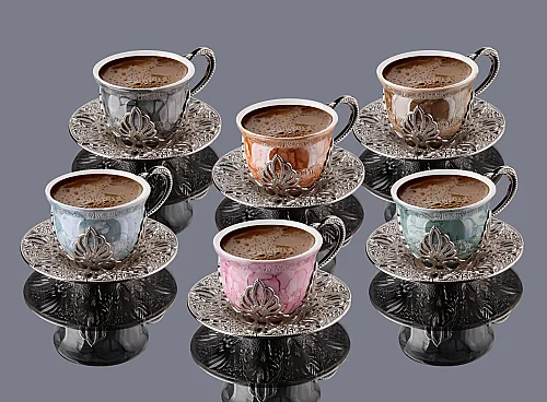 Ahu Tiryaki Kahve Sunum Seti - 6 Kişilik Metal İşlemeli Desenli Porselen Fincan Takımı - 1