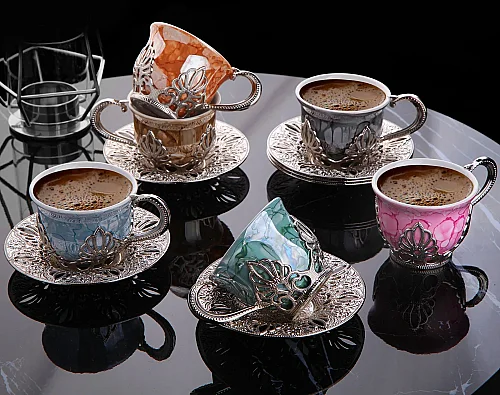 Ahu Tiryaki Kahve Sunum Seti - 6 Kişilik Metal İşlemeli Desenli Porselen Fincan Takımı - ihvanonline (1)