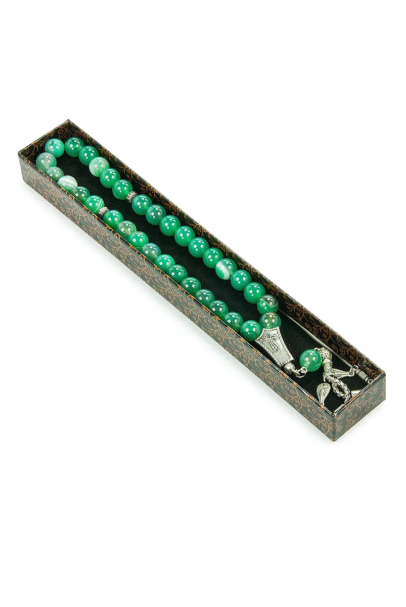 Akik Taşı 33 lü Tesbih Hediye Kutulu 10 mm Küre Kesim Yeşil - 4