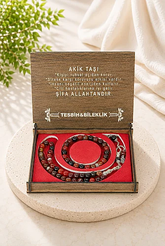 Akik Taşı 33 lu Tesbih ve Bileklik Seti – Ahşap Kutulu Doğal Taş Hediye Seti - 1