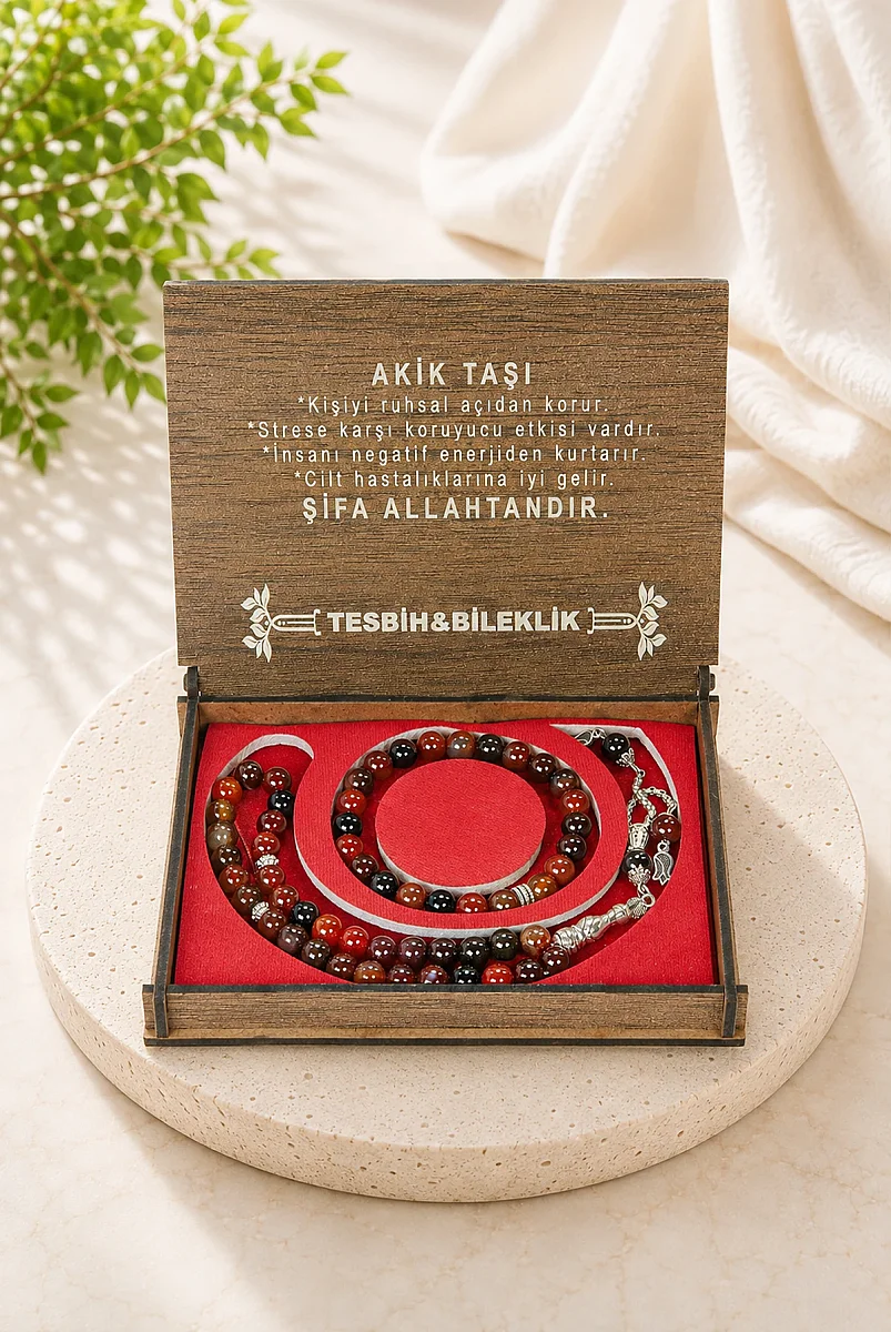 Akik Taşı 33 lu Tesbih ve Bileklik Seti – Ahşap Kutulu Doğal Taş Hediye Seti - 1