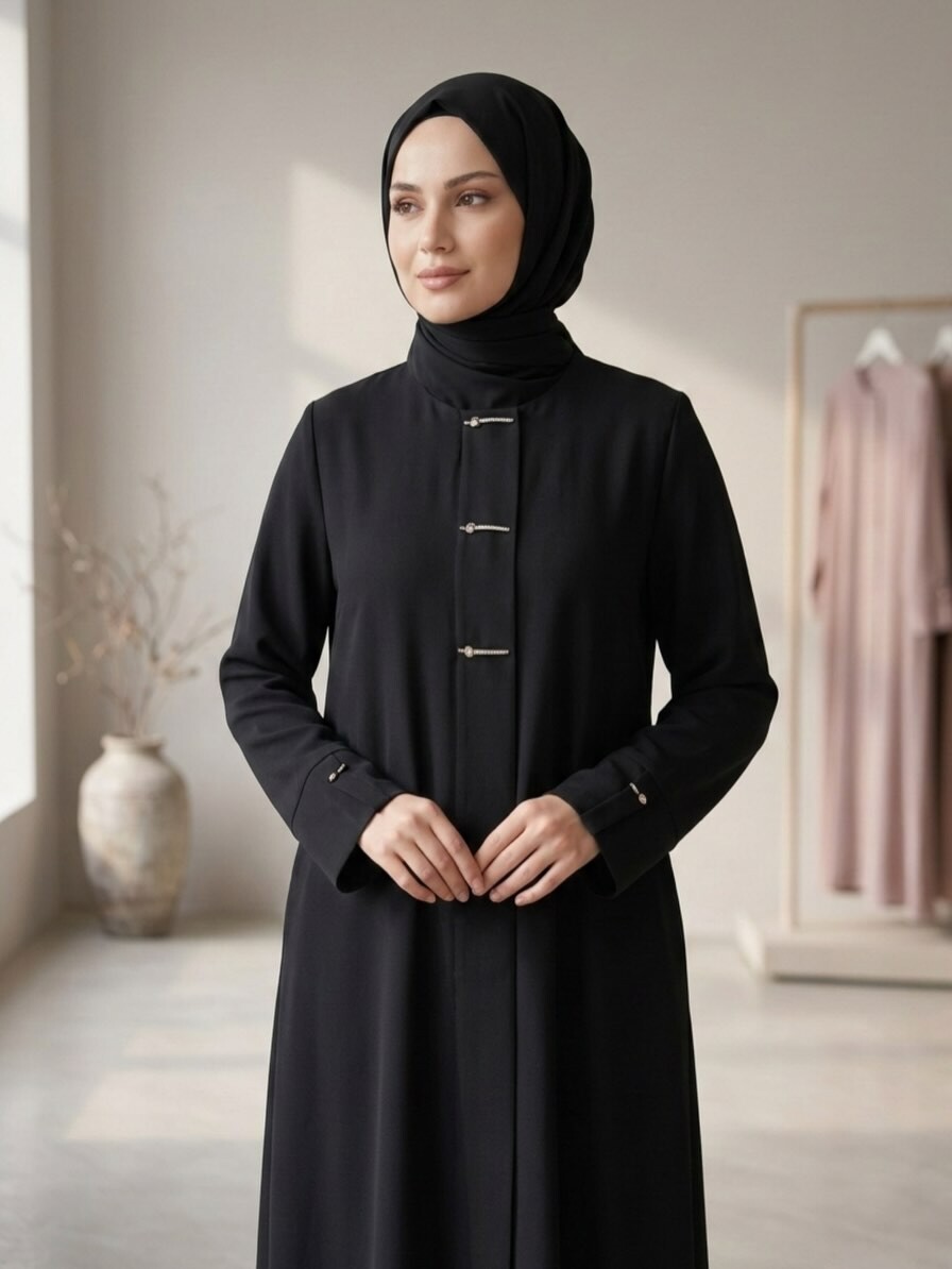 Aksesuar Detaylı Fermuarlı Krep Ferace Siyah 9560-26 - 3