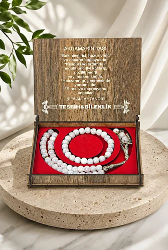 Akuamarin Taşı 33 lu Tesbih ve Bileklik Seti – Ahşap Kutulu Şık Hediye Seti - 1