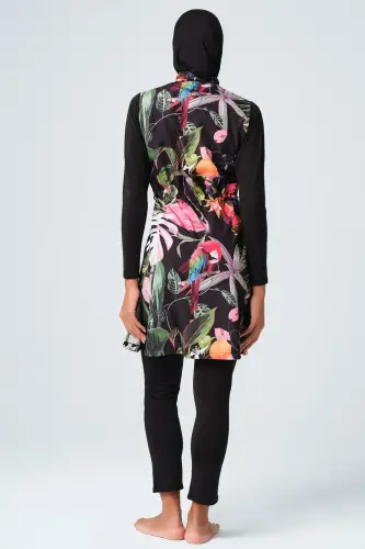 Alfasa 23430 Black Pink Nature Patterned Fully Covered Hijab Swimsuit - 5